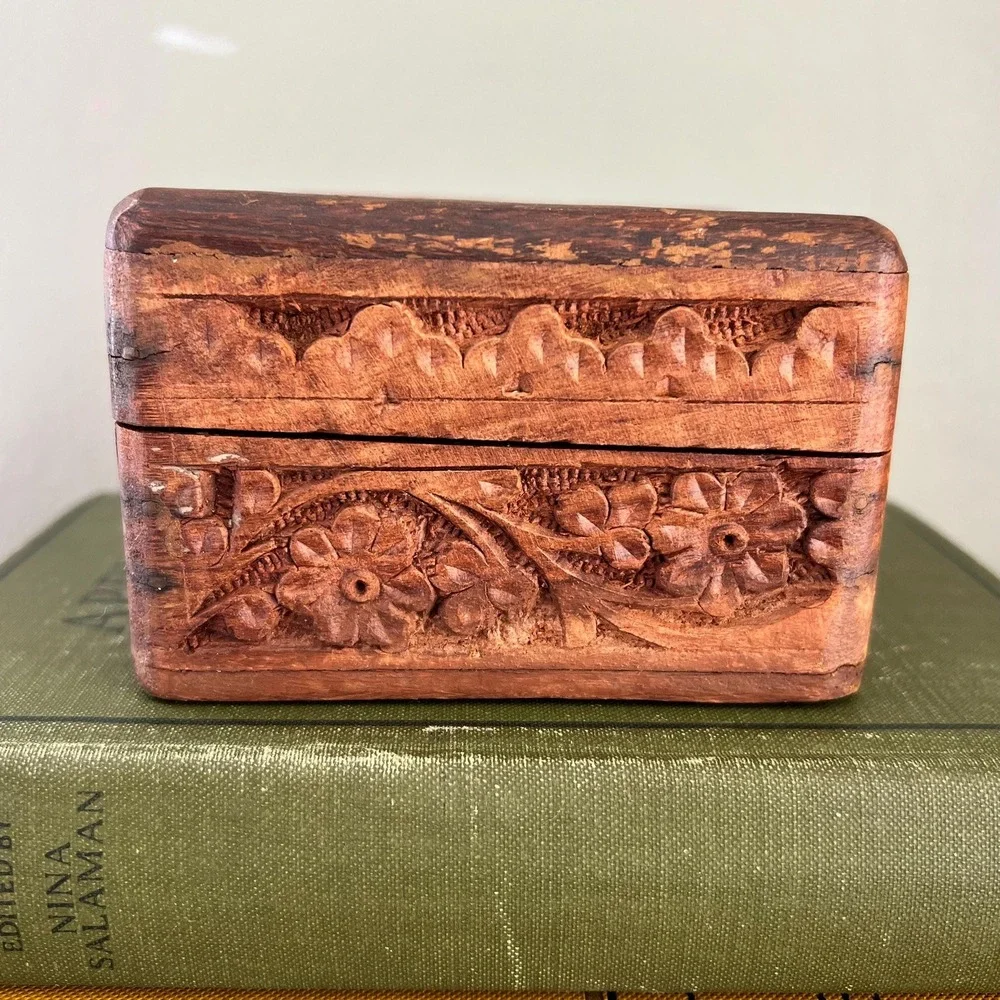 Vintage Hand Carved Wood Jewelry Box With  Inlay Floral Trinket Box Cottage Boho